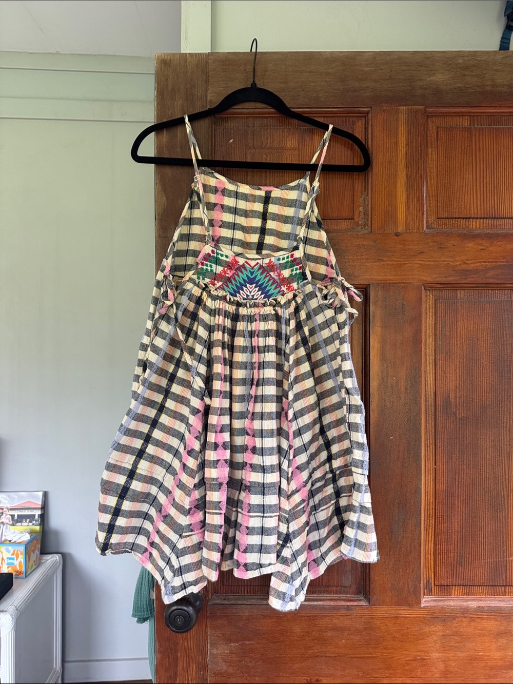 Urban outfitters Beige and Pink Plaid Embroidered mini Sundress
